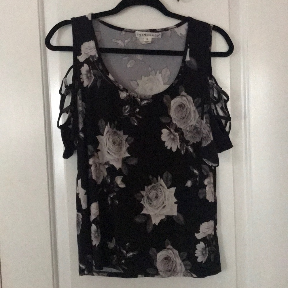 Black and White Floral Cutout Top